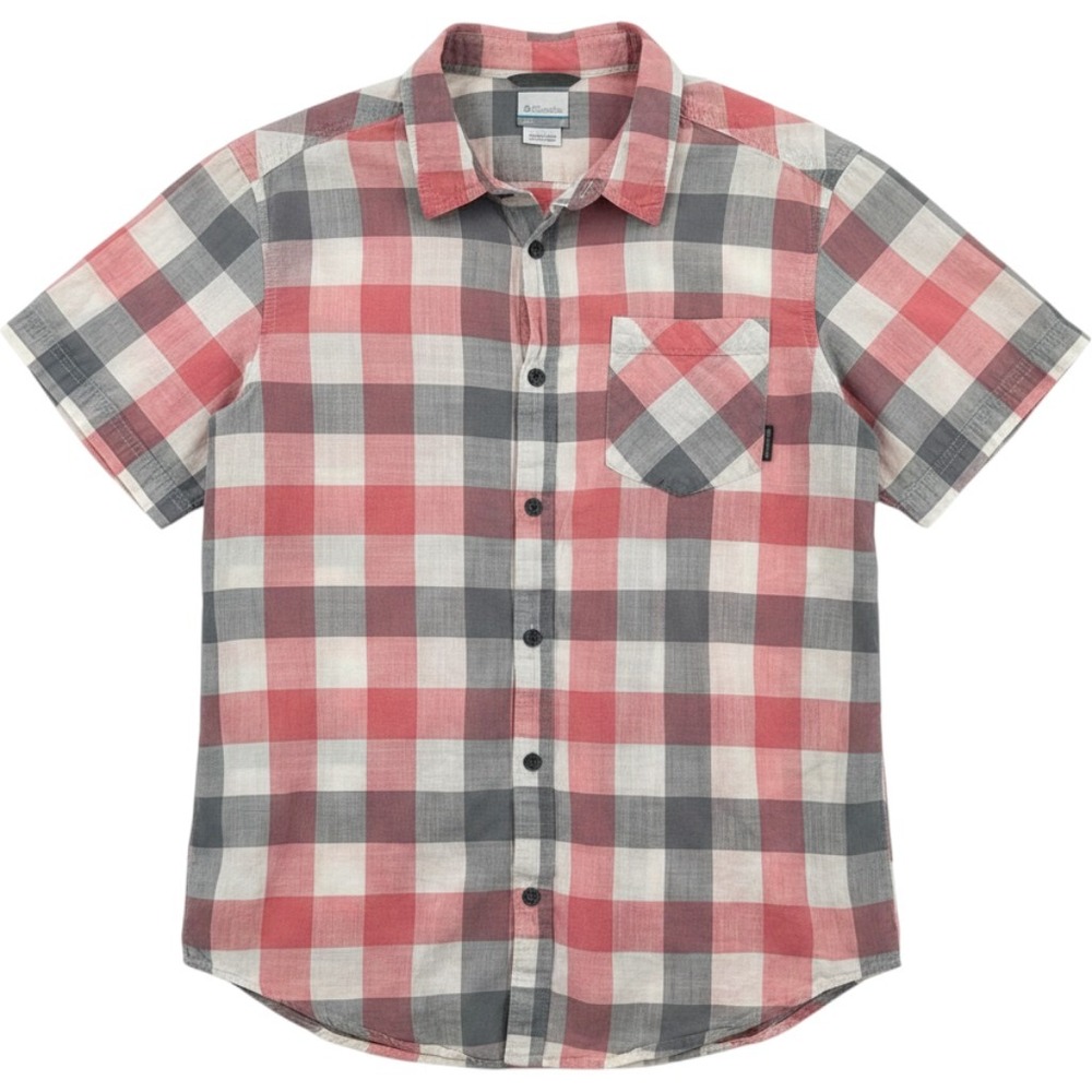Columbia Mens Plaid Short Sleeve Button Up Shirt Red Grey Large